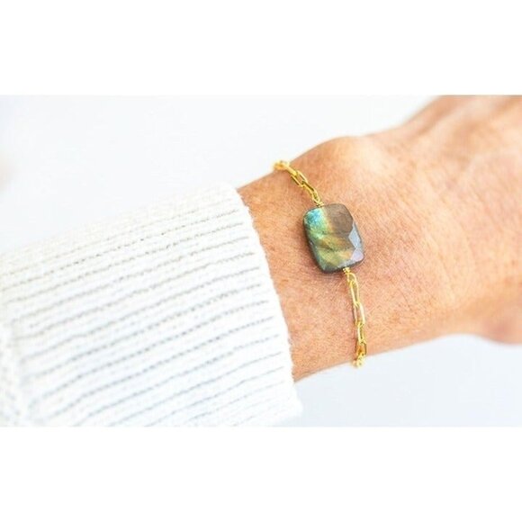 Beautiful Labradorite Gemstone Faceted Bracelet Gold Paperclip Chain Bracelet - Picture 2 of 6